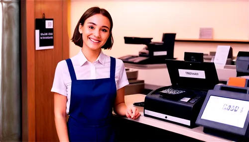 Young adult woman, cashier, smiling, white blouse, dark blue apron, name tag, holding cash register, standing behind counter, soft focus background, warm lighting, shallow depth of field, 3/4 composit