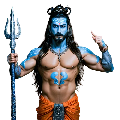 Mahadev, god, powerful, muscular, blue skin, long hair, beard, crown on head, detailed facial features, intense gaze, ornate jewelry, intricate tattoos, dhoti, sacred thread, holding trident, standing