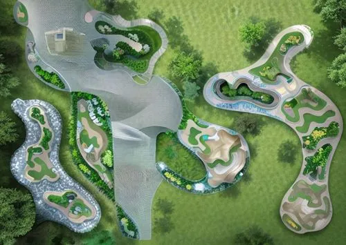 landscape architecture with futuristic sports and children climbing over tall structures,golf course background,mini golf course,feng shui golf course,golf resort,devil's golf course,golf landscape,go