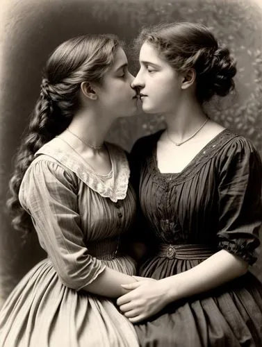 A serious and intimate friendship between two young women around 1910, now kissing passionately.,two ladies kissing in an old fashioned po,two girls,wlw,francella,victorians,young women,lesbos