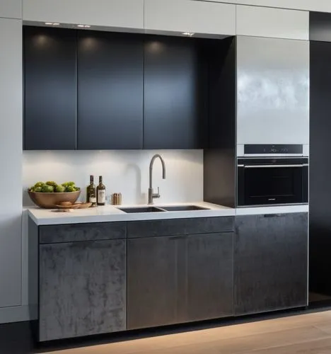 a kitchen setup with melamine wood colored cabinets and a silver sink,modern kitchen with stainless steel appliances and black cabinets,dark cabinetry,modern kitchen interior,dark cabinets,gaggenau,mo