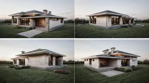 Modern single-story house from 4 angles in the same style with a combination of red and beige brick facades. It has a sloping roof with projections, large front windows and stone steps leading to the 