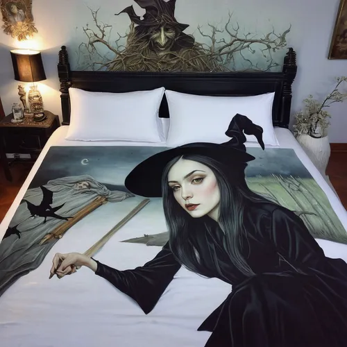 duvet cover,woman on bed,bedding,bed linen,bed sheet,bed,vampira,guestroom,witch house,bed skirt,girl in bed,waterbed,bed frame,witch,comforter,halloween decor,gothic woman,halloween poster,gothic portrait,playmat,Illustration,Realistic Fantasy,Realistic Fantasy 07