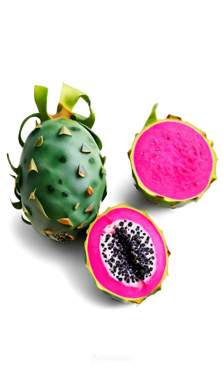 Dragon fruit, vibrant pink skin, green scales, white flesh, black seeds, half-cut, studio lighting, shallow depth of field, soft focus, 3/4 composition, warm color tone, glossy texture, still life, so