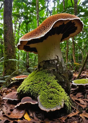 Write a scientific article detailing the medicinal properties and potential uses of the rare polypore species recently discovered in the Amazon Rainforest.,forest mushroom,polypore,mushroom landscape,