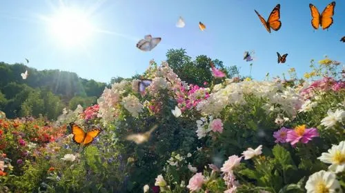 a field full of lots of colorful flowers,butterfly background,butterflies,chasing butterflies,background view nature,nature background,rainbow butterflies