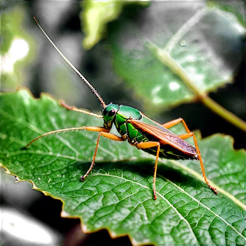 Cricket insect, nocturnal creature, green body, large wings, long antennae, standing on leaf, subtle movement, soft focus, naturalistic texture, morning dew, warm lighting, shallow depth of field, 3/4