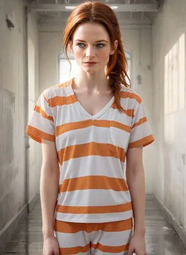 girl in t-shirt,prisoner,horizontal stripes,striped background,isolated t-shirt,in a shirt,orange,cotton top,clary,one-piece garment,long-sleeved t-shirt,orange color,liberty cotton,redheaded,bright orange,photo session in torn clothes,pajamas,stripes,shirt,women's clothing,Photography,Realistic