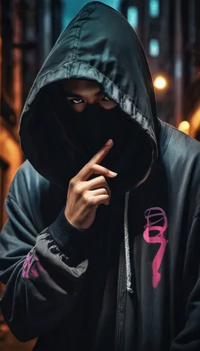 secretive character, finger on lips gesture, shushing, stealthy pose, mysterious eyes, hooded cloak, dark clothing, soft textures, shadowy environment, dim lighting, close-up shot, blurred background,