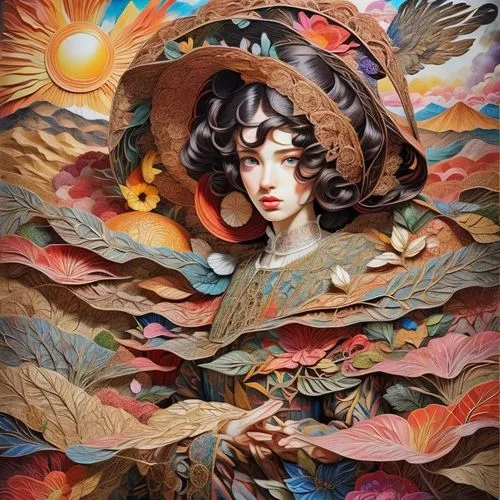 viveros,japanese art,paper art,girl in a wreath,geisha girl,oiran