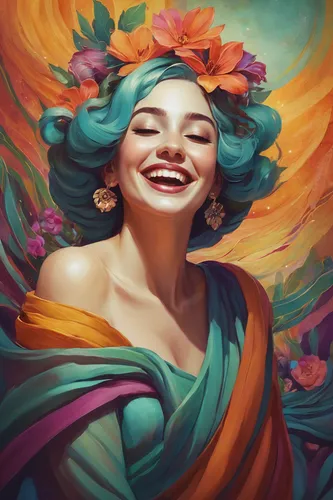 transistor,flora,digital painting,fairy peacock,fantasy portrait,flower fairy,colorful daisy,fae,cheery-blossom,world digital painting,ecstatic,portrait background,dahlia,dahlias,hula,flower painting,girl in flowers,fiori,the festival of colors,boho art,Illustration,Realistic Fantasy,Realistic Fantasy 15