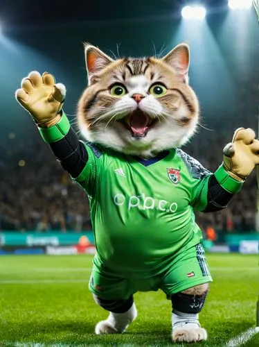 A cute cat, chubby, with big eyes. It is a goalkeeper, a football goalkeeper. It is wearing a goalkeeper's jersey, a light green goalkeeper jersey. It is raising its two front paws almost above its he