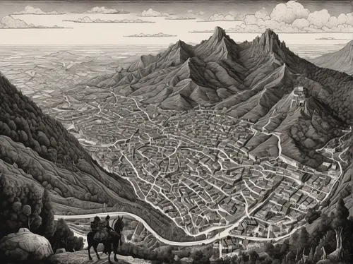 maya city,heidelberg,albuquerque,city cities,constantia,stellenbosch,maya civilization,medellin,santiago,parkersburg,meteora,butte,bukchon,the valley of the,ancient city,antigua guatemala,cartography,mount wilson,cities,la rioja,Illustration,Black and White,Black and White 09