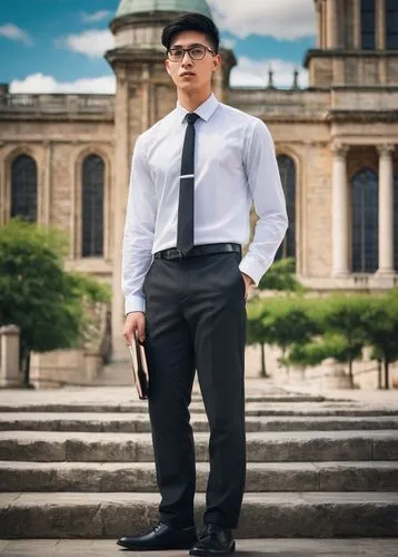 Modern architectural degree holder, young adult, male, 25yo, short black hair, glasses, formal wear, white shirt, black tie, black pants, black leather shoes, holding diploma, confident posture, stand