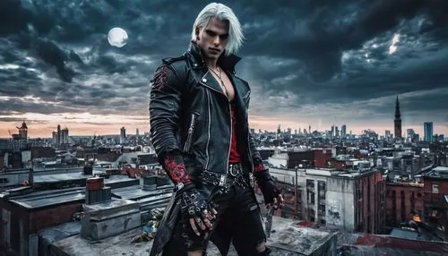 Virgil, Devil May Cry, demonic creature, muscular build, white hair, piercing blue eyes, intricate tattoos on arms, black leather jacket, red lining, silver buttons, ripped jeans, combat boots, imposi