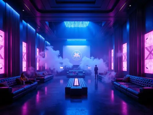 nightclub,vapor,ufo interior,lobby,piano bar,hotel lobby,blue room,spaceship interior,clubcorp,spaceland,neon coffee,3d render,ballroom,nightclubs,movie theater,bladerunner,riviera,cinema strip,neon tea,neon ghosts