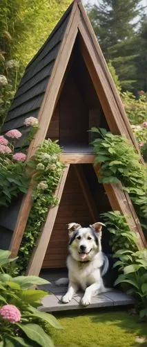 Dog house, modern architecture, minimalist style, wooden structure, triangular roof, small porch, stone foundation, surrounded by lush greenery, garden, flowers blooming, sunny afternoon, warm lightin