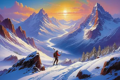 mountain sunrise,alpine crossing,alpine sunset,mountain scene,snow mountains,snow landscape,ski touring,arête,snow mountain,snowy peaks,mountain landscape,mountain peak,the spirit of the mountains,ski mountaineering,high mountains,mountain world,snow slope,mountain guide,snowy mountains,snow scene,Conceptual Art,Sci-Fi,Sci-Fi 19