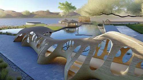 dragon bridge,3d rendering,earthship,adventure bridge,futuristic landscape,superadobe,Photography,General,Realistic