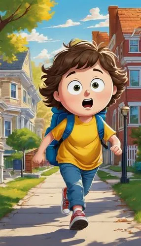 Cartoonish South Park style, boy or girl, elementary school student, messy brown hair, bright curious eyes, chubby cheeks, casual wear, yellow shirt, blue jeans, sneakers, backpack, standing, walking,