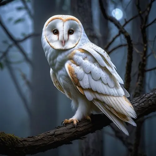 Albino barn owl, white feathers, yellow eyes, sharp talons, spread wings, perched, moonlit night, forest, ancient tree branches, misty atmosphere, soft lighting, 3/4 composition, facial close-up, HDR,