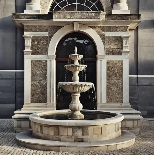 antique fountain.blasting stone.marble covering.marble motif,a fountain sits in the courtyard of an office building,mozart fountain,maximilian fountain,decorative fountains,city fountain,stone fountai