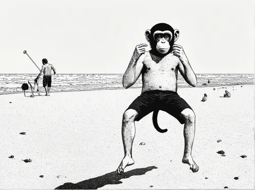 Compose a silly monkey collage at a beach party,beach soccer,beach rugby,beach basketball,beach sports,beach volleyball,sandboarding,footvolley,beach handball,beach defence,skimboarding,beach toy,foot