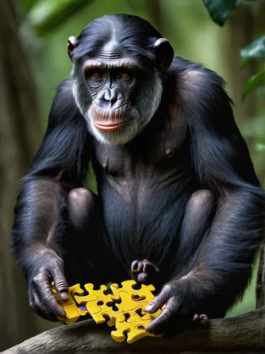 Describe the awe-inspiring intelligence of a chimp as it solves a complex puzzle.,common chimpanzee,bonobo,chimpanzee,crab-eating macaque,monkey banana,chimp,siamang,great apes,baby playing with food,