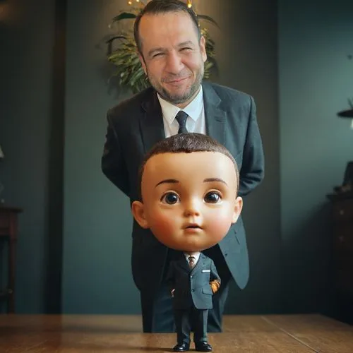 big head, very short and tiny body, standing,ventriloquist,vax figure,collectible doll,father with child,russkiy toy,artist doll,puppet,the japanese doll,clay doll,kewpie dolls,kewpie doll,suit actor,