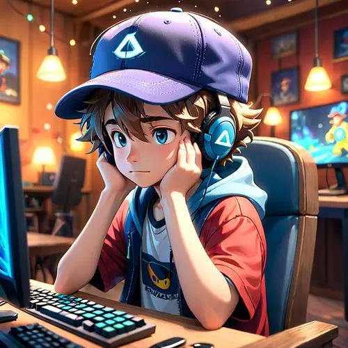 kluk hrající počítačovou hru v gaming pokoji a kluk má kšiltovku tak že mu zakrývá oči a na hlavě má sluchátka,gamer,gamers round,anime 3d,e-sports,anime boy,gaming,gamers,gamer zone,girl at the compu