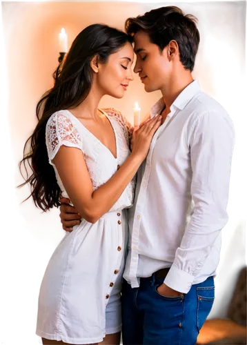 Couple, embracing, kiss, romantic, candlelight, soft focus, dreamy atmosphere, gentle facial expression, sweet eyes, natural makeup, casual wear, jeans, white shirt, barefoot, tender hands, intertwine