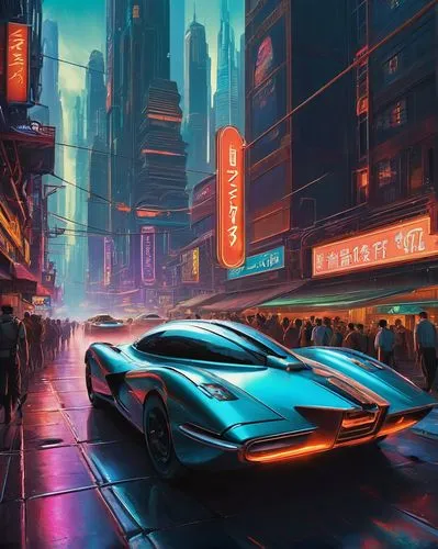 Fantasy artwork, futuristic cityscape, neon lights, towering skyscrapers, holographic advertisements, busy streets, flying cars, robots, cyborgs, levitating objects, steam punk elements, intricate det