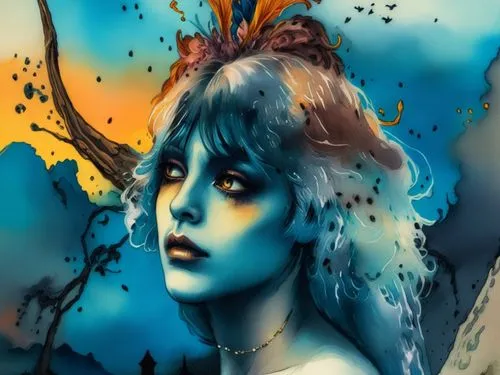 a close - up image of an art model, with white hair, blue and orange colors,amphitrite,naiad,sirene,undine,fairie,viveros,Illustration,Realistic Fantasy,Realistic Fantasy 25