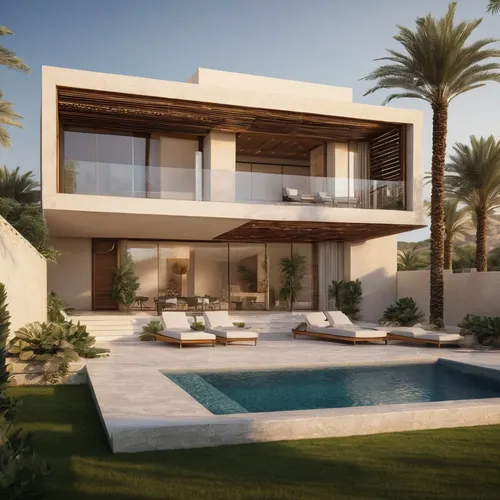 "Design a modern villa in Muscat, Oman, for a site with a 20-meter frontage, featuring a seamless integration with the surrounding urban context. Pay special attention to the relationship between the 