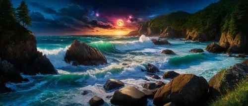 fantasy picture,fantasy landscape,tidal wave,coastal landscape,3d background,ocean background,landscape background,seascape,nature background,volcanic landscape,sea landscape,cliffs ocean,rocky coast,nature wallpaper,world digital painting,fantasy art,fire background,cartoon video game background,3d fantasy,dark beach