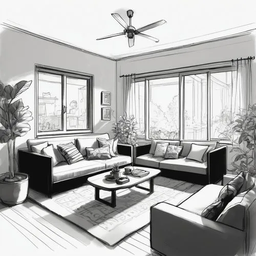 apartment lounge,living room,livingroom,sketchup,sitting room,apartment,Illustration,Black and White,Black and White 08