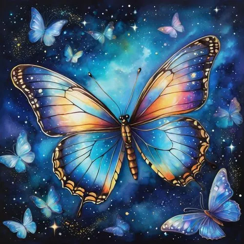 Celestial starry night sky, delicate butterfly with iridescent wings, shimmering stardust trails, sparkling antennae, intricate wing patterns, glowing blue eyes, slender legs, fragile beauty, floating