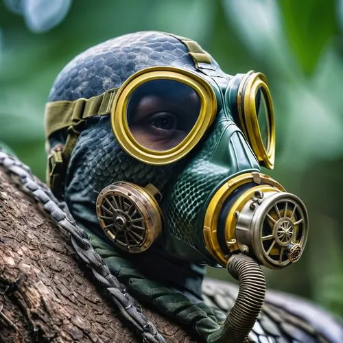 A portrait of a  snake wearing a gas mask over its mouth, best angle view, from lateral,gas mask,respirator,pollution mask,respirators,ventilation mask,poison gas,paintball equipment,diving mask,respi