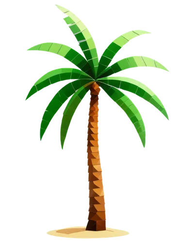 Pixel art palm tree, low poly design, bright green leaves, curved trunk, sandy beach background, sunny day, dramatic lighting, 3/4 composition, warm color tone, detailed textures, simple shape, vibran