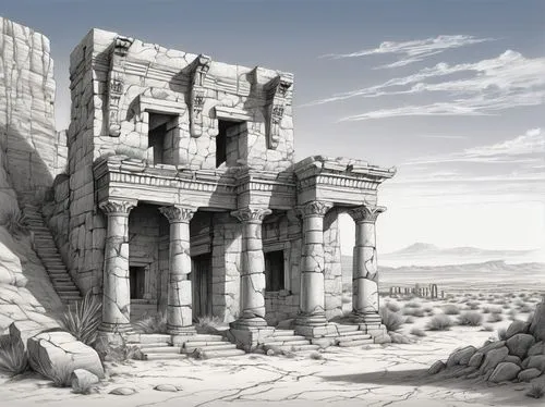 celsus library,ramesseum,persepolis,ancient ruins,ancient city,herakleion,celsus,nemrut,tiryns,palmyra,ruins,dougga,volubilis,ancient buildings,scythopolis,acropolis,medinet,herodium,ctesiphon,ruin,Illustration,Black and White,Black and White 30