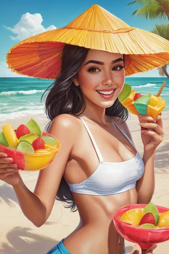 beach background,vietnamese woman,summer background,miss vietnam,watermelon background,summer foods,mai tai,asian woman,halo-halo,daiquiri,esquites,papaya juice,umbrella beach,candy island girl,summer icons,coconut drink,thai honey queen orange,coconut drinks,hula,piña colada,Conceptual Art,Fantasy,Fantasy 03