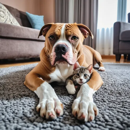 Um gato ciames bem peludo, deitado entre as patas de um cachorro Pit Bull, num tapete de uma sala, aos pés do seu dono sentado no sofá.,british bulldogs,dwarf bulldog,english bulldog,olde english bull