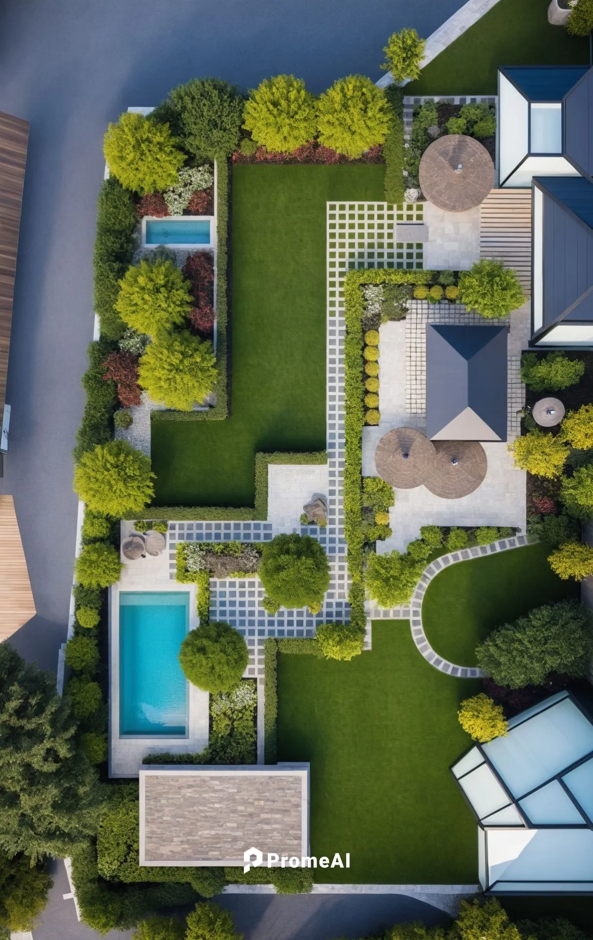 Landscape Design,roof,a view of a residential lawn from above,landscape design sydney,landscape designers sydney,garden design sydney,roof top pool,pool house,landscaped,Photography,General,Realistic