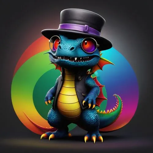 malagasy taggecko,color rat,rubber dinosaur,halloween vector character,vector illustration,painted dragon,dragon lizard,bowler hat,mascot,top hat,disney character,ringmaster,the mascot,rainbow background,stylized macaron,dragon design,wonder gecko,3d fantasy,kobold,chameleon,Illustration,Abstract Fantasy,Abstract Fantasy 22