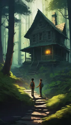 house in the forest,lonely house,log home,adventure game,little house,game illustration,witch's house,wooden houses,home or lost,log cabin,wooden house,old home,wooden hut,world digital painting,cottage,devilwood,witch house,kids illustration,home landscape,lostplace,Conceptual Art,Fantasy,Fantasy 02