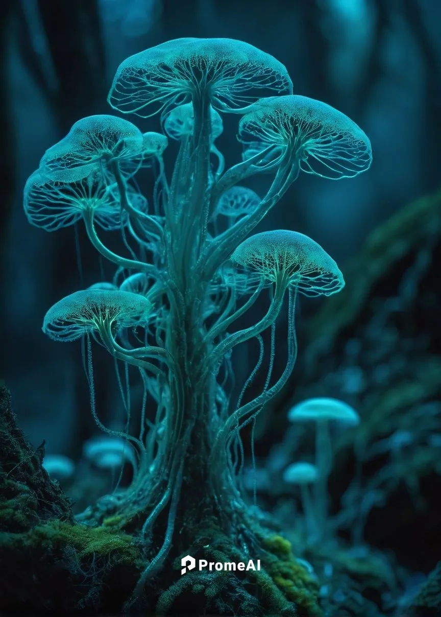 Futuristic mycelium architecture, bioluminescent organisms, intricate network of fungal hyphae, iridescent caps, delicate tendrils, glowing blue-green nodes, translucent membranes, undulating curves, 