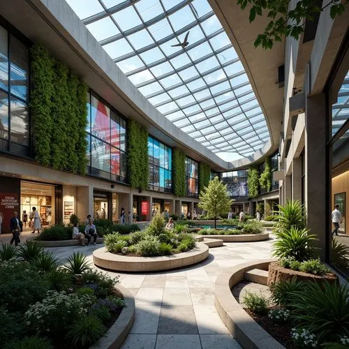 Futuristic shopping center, curved glass fa\u00e7ade, metallic accents, neon lighting, holographic advertisements, lush green walls, vertical gardens, misting systems, water features, natural stone fl