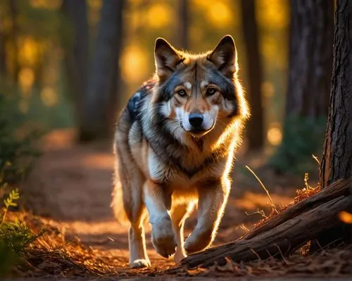 caperucita roja en bosque al atardecer con una canasta en sus manos, y hay un lobo acechando,a gray wolf is walking in the woods,european wolf,graywolf,gray wolf,wolfdog,howling wolf,canidae,malamute,