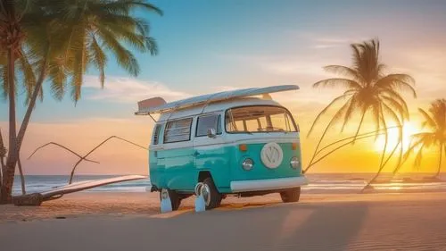 Mint green and white 1978 VW Combi with a surfboard on the awning. In the background a beach at sunset with palm trees,the sun is setting over an old vw van parked on the beach,camper on the beach,vwb