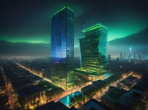 Modern skyscraper, futuristic architecture, sleek lines, reflective glass facade, angular shapes, cantilevered floors, green rooftop garden, urban cityscape, busy streets, nighttime scene, neon lights